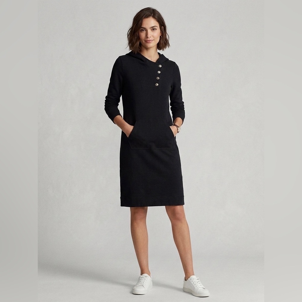 Lauren Active Ralph Lauren Black Hooded Button-Detail Cotton Sweatshirt Dress S